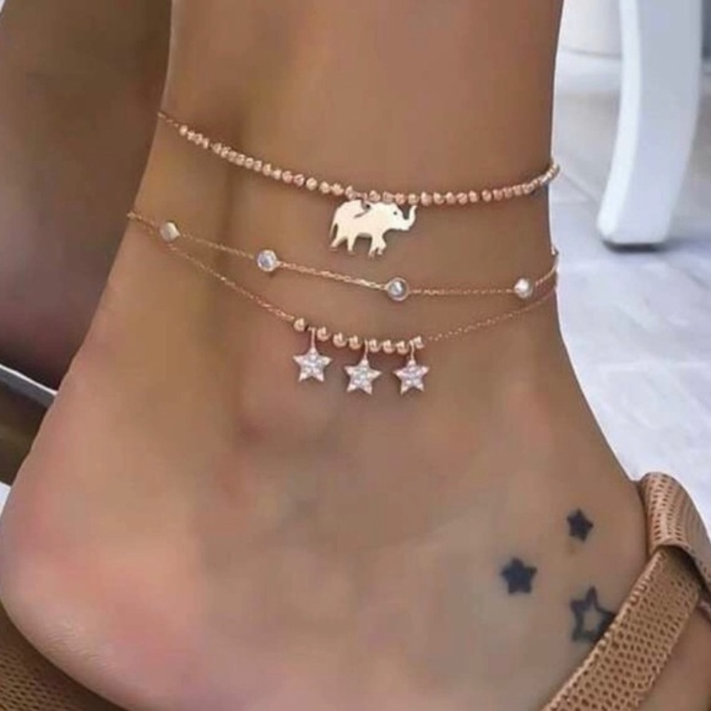 Gold Bead Elephant Star Dainty Anklet Set